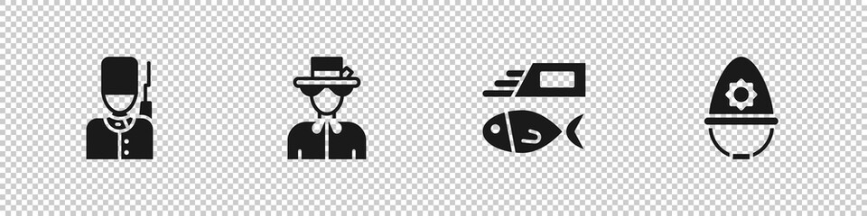 Poster - Set British soldier, Queen Elizabeth, Fish and chips and police helmet icon. Vector