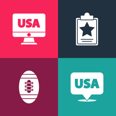 Poster - Set pop art USA Independence day, American Football ball, and on monitor icon. Vector