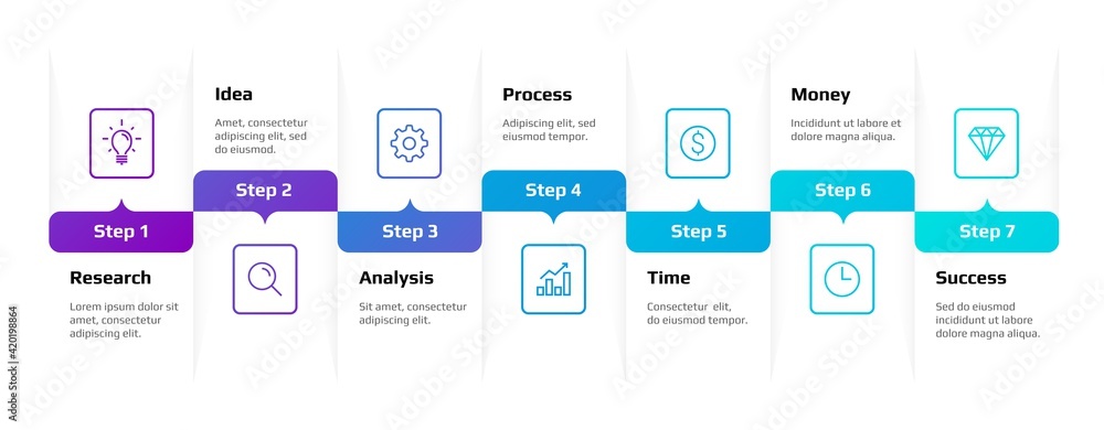 Step infographic. Flow process diagram in blue colors, creative business graph chart, timeline finance horizontal banner. Project stages planning visualization. Vector modern template - obrazy, fototapety, plakaty 