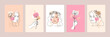 © SpicyTruffel - Contemporary woman vertical poster set. Minimal line art female face with flowers design fashion illustration. Vector endless line sketch outline ladies with floral decoration collection