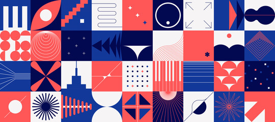 Wall Mural - Brutalism shapes. Abstract minimal background. Composition of red and blue geometric figures in squares. Decorative modernism design elements. Vector flat forms or concentric circles