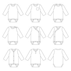 Wall Mural - Template all model long sleeve baby onesie vector illustration flat sketch design outline