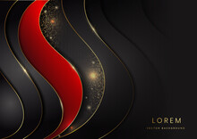 Abstract Template Black And Red Curve Geometric With Golden Line And Glitter Gold Dot On Black Background. Luxury Style.