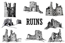 Graphical Set Of Ruins On White Background, Vector Architecture