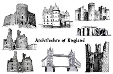 Graphical Castles Of England On White Background, Vector Architecture