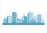 Fototapeta Miasto - silhouette blue city building in flat illustration vector, urban cityscape design for background