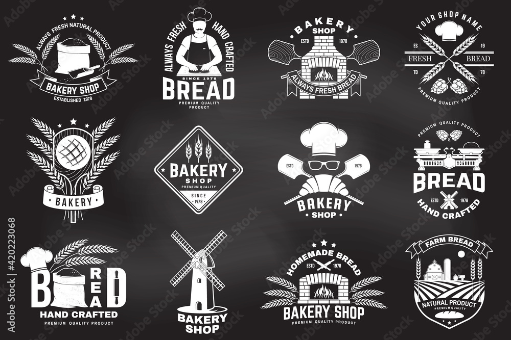 Set of Bakery shop badge. Vector Design with windmill, rolling pin, dough, wheat ears, old oven, wooden bread shovels silhouette. For restaurant, bakery identity objects, packaging menu - obrazy, fototapety, plakaty 