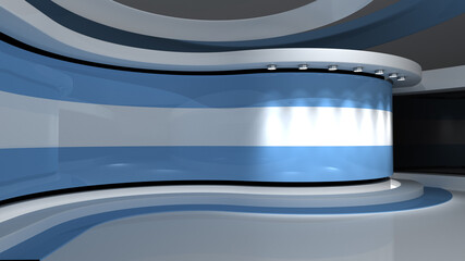 TV studio.  Light blue background. Argentine flag. News studio. Background for any green screen or chroma key video production. 3d render. 3d