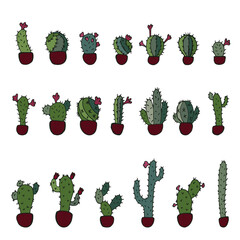 Wall Mural - Doodle image of cute cactuses in pots. Houseplants collection. Hand drawing. Vector illustration