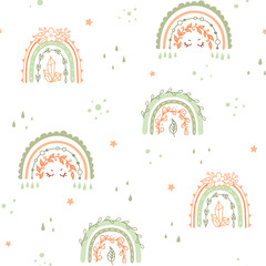 Wall Mural - Baby seamless pattern with flower rainbows and leaves. Kids spring wallpaper in pastel colors. Floral pattern for nursery. Vector childish scandinavian background. Cute Abstract print.