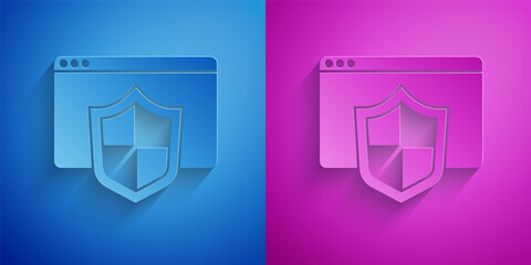 Poster - Paper cut Browser with shield icon isolated on blue and purple background. Security, safety, protection, privacy concept. Paper art style. Vector