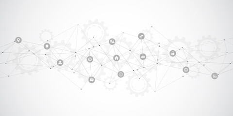 Information technology background with infographic elements and flat icons. Digital technology, network connection and communication concept. Vector illustration