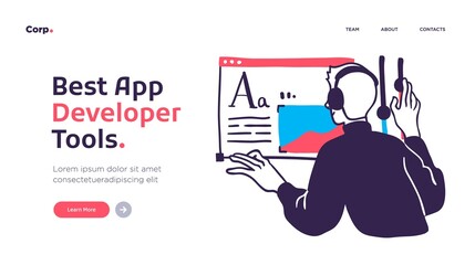 Wall Mural - landing page template of developing computer software, coding and programming . modern flat design c