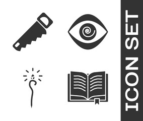 Sticker - Set Ancient magic book, Hand saw, Magic staff and Hypnosis icon. Vector