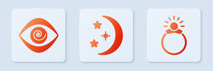 Poster - Set Moon and stars, Hypnosis and Magic stone ring with gem. White square button. Vector