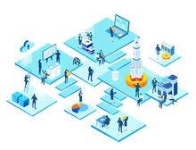 Isometric 3D Business Environment Infographic. Business People Work Together Next To Rocket. Rocket Is Ready For Start, Technology, Space Technology, Space Industry, Start Up Concept
