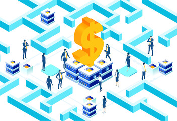 Isometric 3D business concept environment,  Business people working in labyrinth around a big Dollar symbol. Talking, communication, slowing the problems, start up, support and developing projects. 