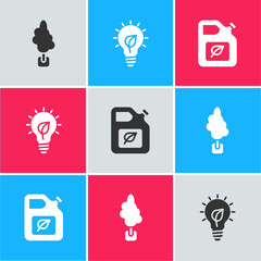 Sticker - Set Tree, Light bulb with leaf and Bio fuel canister icon. Vector