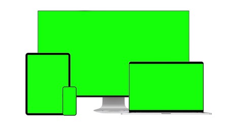 Wall Mural - mockup of computer, laptop, tablet, smartphone – blank green screens sliding in, 4k animation