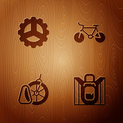 Sticker - Set Hiking backpack, Bicycle sprocket crank, parking and on wooden background. Vector