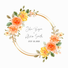 Save The Date. Orange Rose Wreath With Watercolor