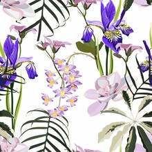 Tropical Leaves With Violet Flowers. Seamless Design With Amazing  Palant With Flowers. Fashion, Interior, Wrapping, Packaging Suitable. Realistic Branch On White Background.