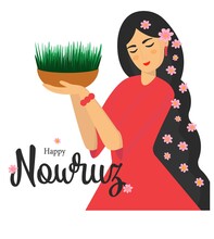 Persian New Year, Grass And Painted Eggs Symbols Of The New Year On The Solar Calendar. The Calligraphic Inscription Means: Congratulations On The Holiday