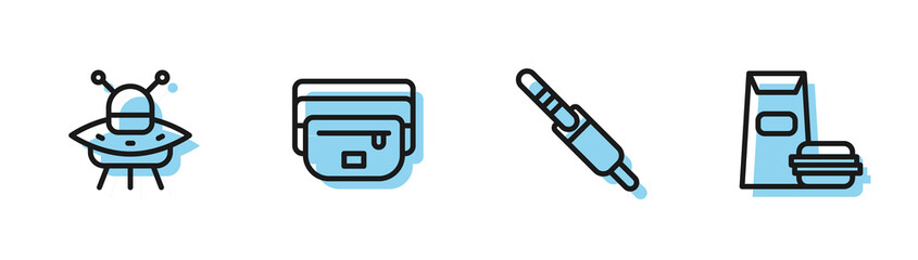 Sticker - Set line Audio jack, UFO flying spaceship, Waist bag of banana and Burger icon. Vector