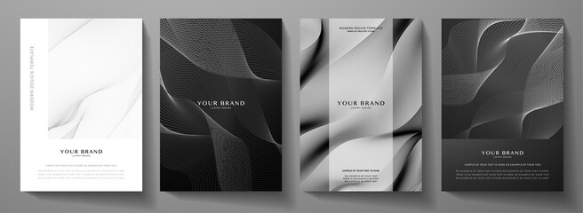 modern cover design set. abstract wavy line pattern (guilloche curves) in monochrome color: black, w