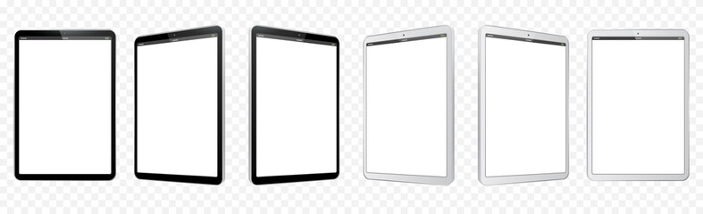 Wall Mural - black and white tablet computer vector illustration mockup. perspective view of tablet pc with blank