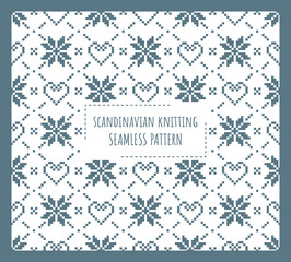 Wall Mural - Scandinavian knitting seamless pattern design. Nordic star with heart pattern in white and blue.