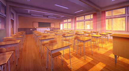 High school classroom in the Evening time, Anime background, 2D illustration. 