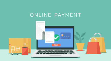 online payment on laptop computer with electronic receipt or financial transaction and credit card concept, vector flat design illustration