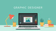 © ST.art - graphic designer with program editing software on laptop computer screen, vector flat design illustration
