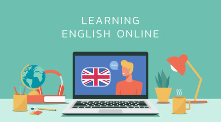 learning english online course or on laptop computer concept, e-learning and distant learning, education of foreign language lesson on internet, vector flat design illustration