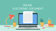 © ST.art - online electronic document concept, paper sheet or journal on laptop computer, vector flat design illustration