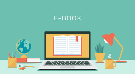 e-book concept on laptop computer with textbook, electronic education or e-learning and online learn