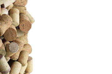 Photo with wine corks from sparkling, corks from white wine, corks from red wine and other wine corks isolated on white background with place for advertising text