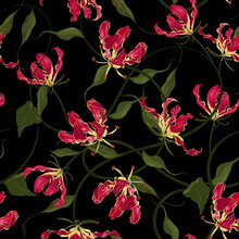 Red Flame Lily Flower Botanical Seamless Vector Pattern With Leaves ,blooming Floral ,Design For Fashion , Fabric, Textile, Wallpaper, Cover, Web , Wrapping And All Prints