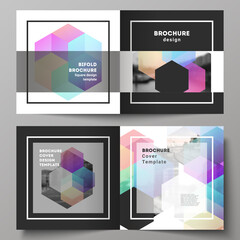 Wall Mural - vector layout of two covers templates with colorful hexagons, geometric shapes, tech background for 