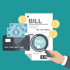 Wall Mural - Paper check, receipt, invoice, order icon. Bill paying. Bill with magnifying glass, cash money banknotes, gold coins, credit card. Payment of goods, service, utility, restaurant. Flat vector icon