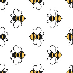 Wall Mural - Seamless pattern with flying bees. Vector cartoon black and yellow bees isolated on white background.