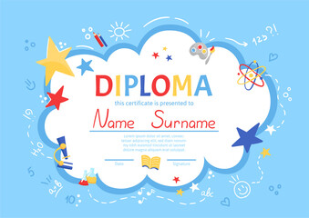 Wall Mural - Colorful school and preschool diploma certificate for kids and children in kindergarten or primary grades with school pack, kit on blue background. Vector cartoon flat illustration