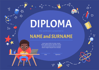 Online certificate children diploma for kindergarten or Elementary Preschool with a cute black boy sitting at the table and making the homework. Vector cartoon flat illustration on blue background
