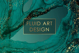 Modern abstract background design or card template for birthday greeting or wallpaper or poster with turquoise green watercolor waves or fluid art in alcohol ink style with golden splashes.