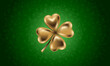 Golden clover leaf, vector illustration for St. Patrick day. Isolated four-leaf on green floral background. Jewelry 3d design