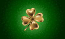 Golden Clover Leaf, Vector Illustration For St. Patrick Day. Isolated Four-leaf On Green Floral Background. Jewelry 3d Design