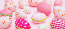 Happy Easter. Pink Pastel Color Eggs Variety On Pink Background