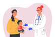 Female doctor makes a vaccine to a child. Concept illustration for immunity health. Woman with baby in hospital. Doctor in a medical gown and gloves. Flat illustration isolated on white background. 
