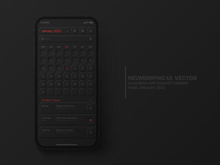 Wall Mural - vector calendar mobile app january 2022 conceptual ui neumorphic design dark version on photorealist